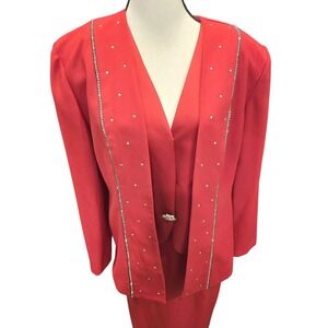Vintage Night Studio New York Skirt Suit Womens 12 Red Rhinestone Blazer Set USA